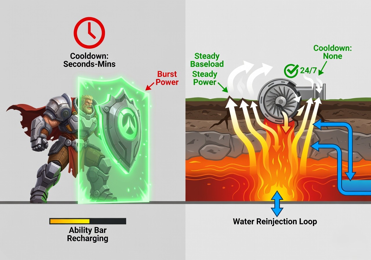 Side-by-side comparison: Reinhardt's shield with cooldown vs geothermal plant with zero cooldown